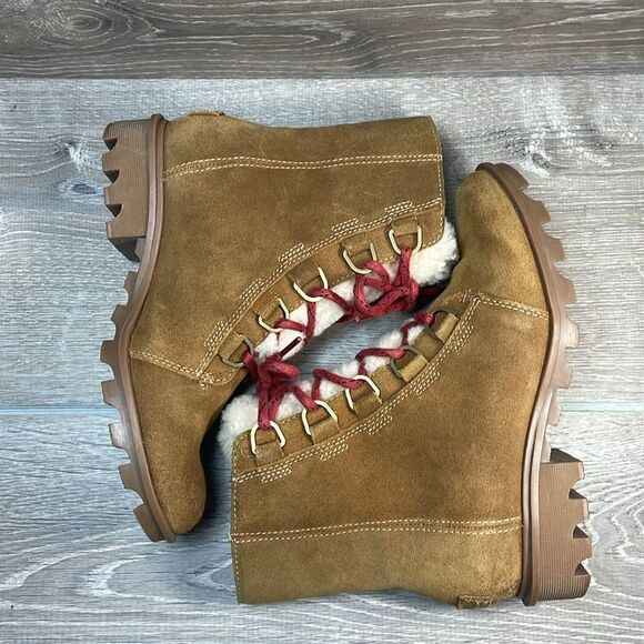 Sorel Phoenix Short Lace Waterproof Tan Suede Women’s Sz 6.5 Shearling Boots - Picture 9 of 11